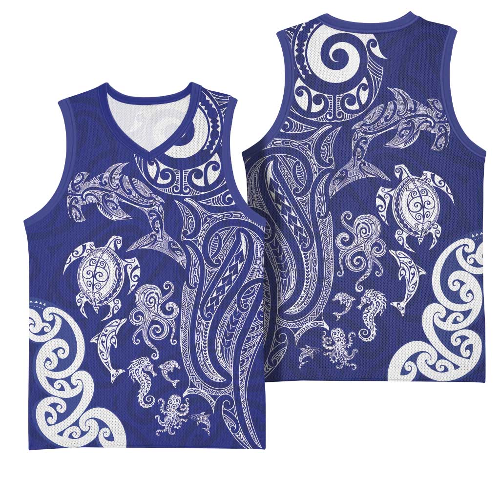 New Zealand Sea Animals with Maori Tribal Tattoo Basketball Jersey Blue Color LT03 - Polynesian Pride
