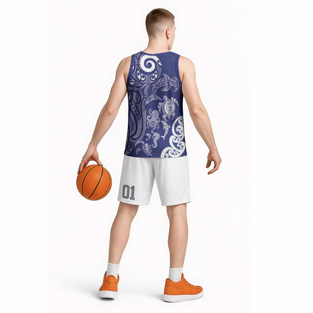 New Zealand Sea Animals with Maori Tribal Tattoo Basketball Jersey Blue Color LT03 - Polynesian Pride