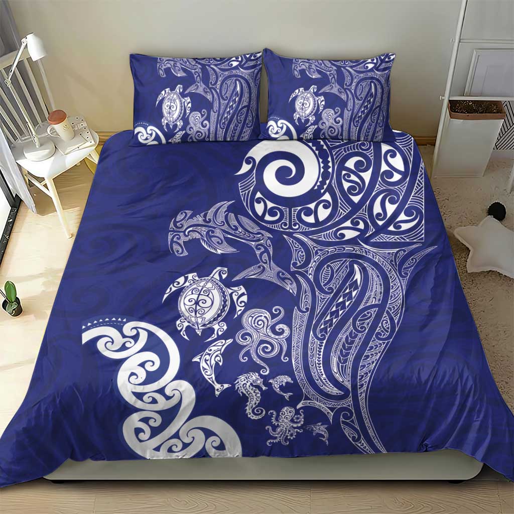 New Zealand Sea Animals with Maori Tribal Tattoo Bedding Set Blue Color