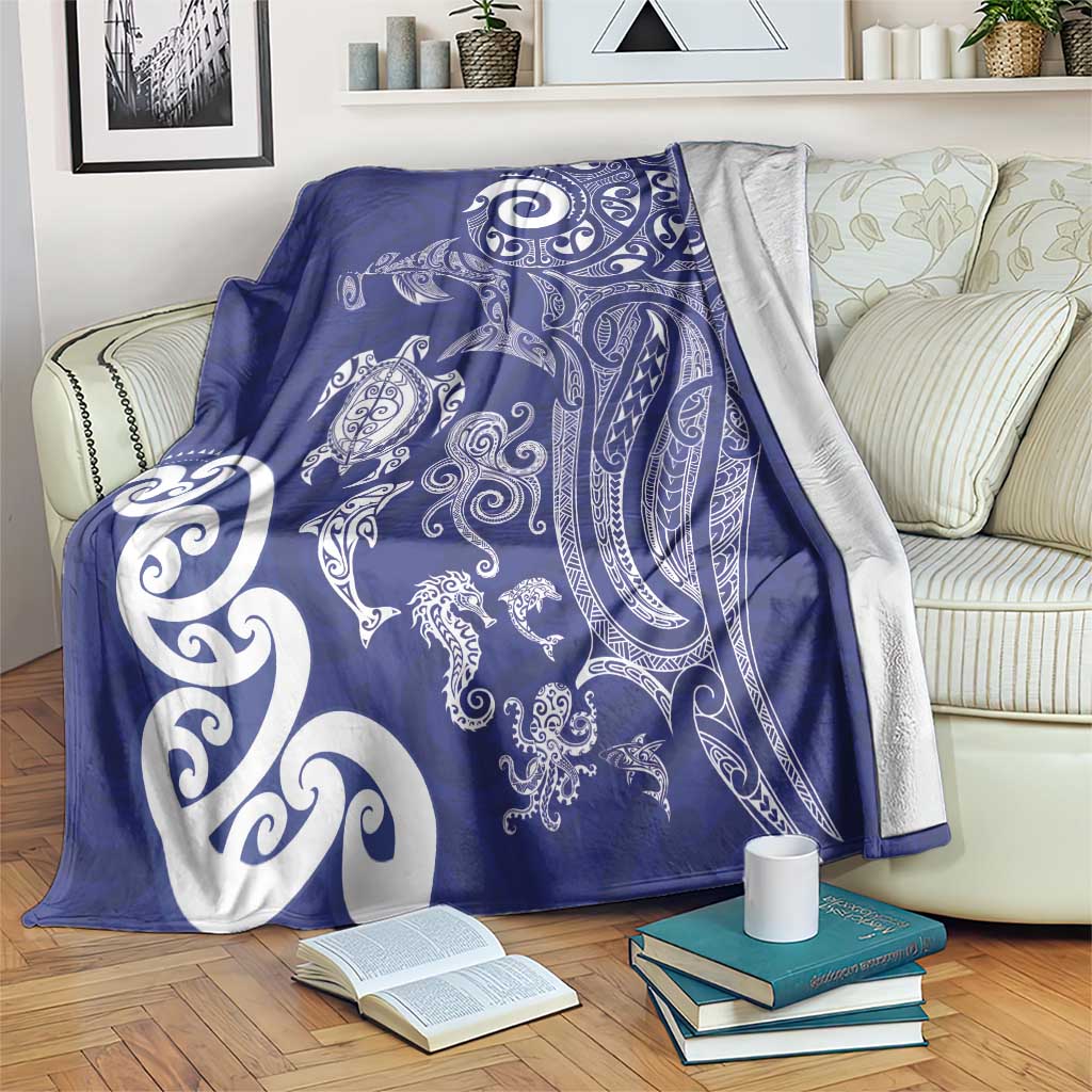 New Zealand Sea Animals with Maori Tribal Tattoo Blanket Blue Color