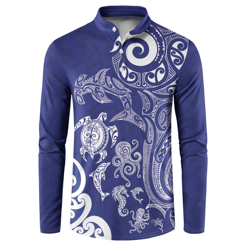 New Zealand Sea Animals with Maori Tribal Tattoo Button Sweatshirt Blue Color