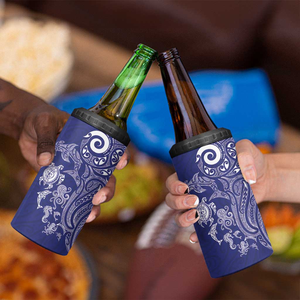 New Zealand Sea Animals with Maori Tribal Tattoo 4 in 1 Can Cooler Tumbler Blue Color LT03 - Polynesian Pride