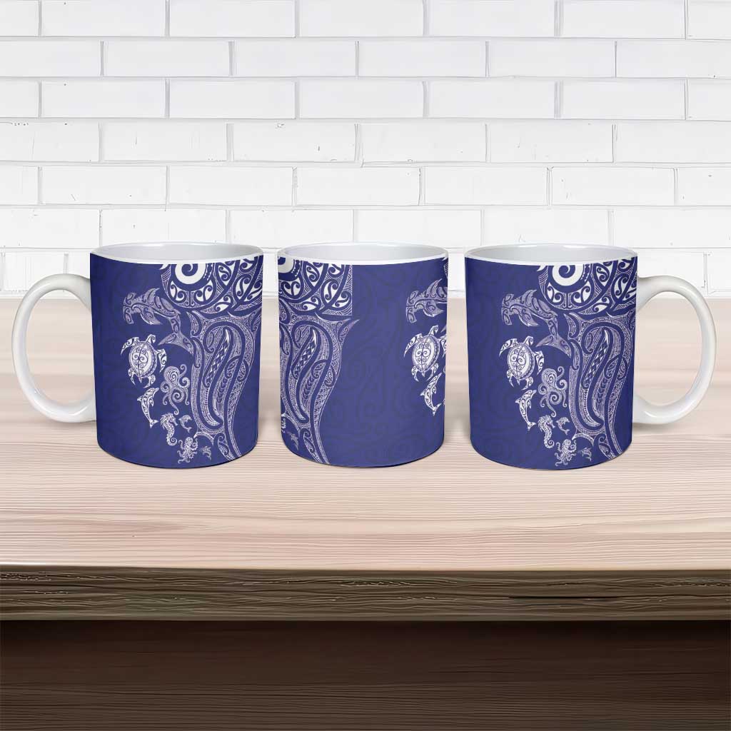 New Zealand Sea Animals with Maori Tribal Tattoo Ceramic Mug Blue Color