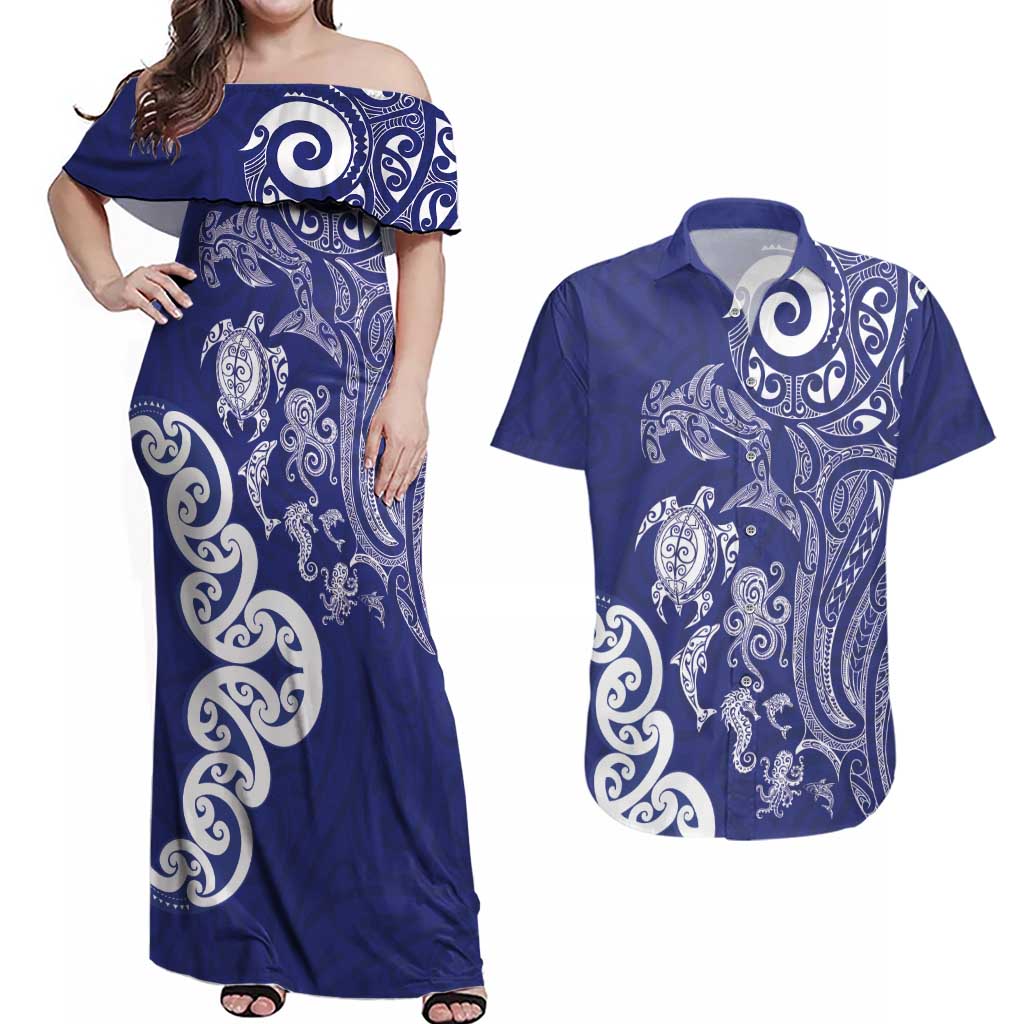 New Zealand Sea Animals with Maori Tribal Tattoo Couples Matching Off Shoulder Maxi Dress and Hawaiian Shirt Blue Color LT03 Blue - Polynesian Pride