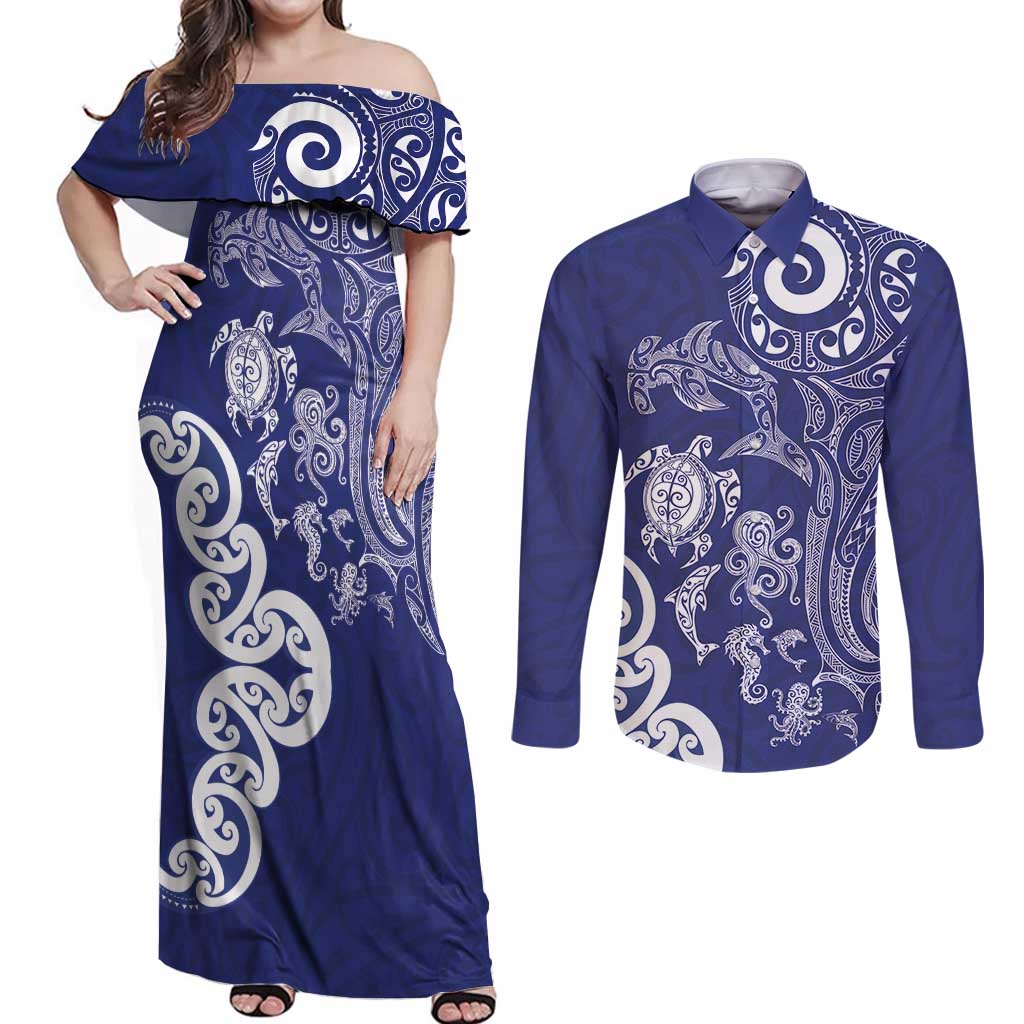 New Zealand Sea Animals with Maori Tribal Tattoo Couples Matching Off Shoulder Maxi Dress and Long Sleeve Button Shirt Blue Color LT03 Blue - Polynesian Pride