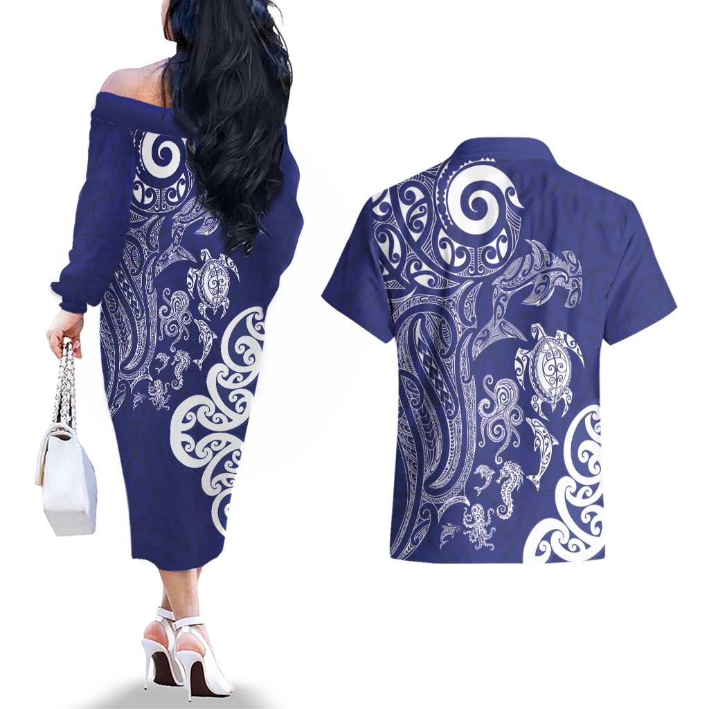 New Zealand Sea Animals with Maori Tribal Tattoo Couples Matching Off The Shoulder Long Sleeve Dress and Hawaiian Shirt Blue Color LT03 - Polynesian Pride