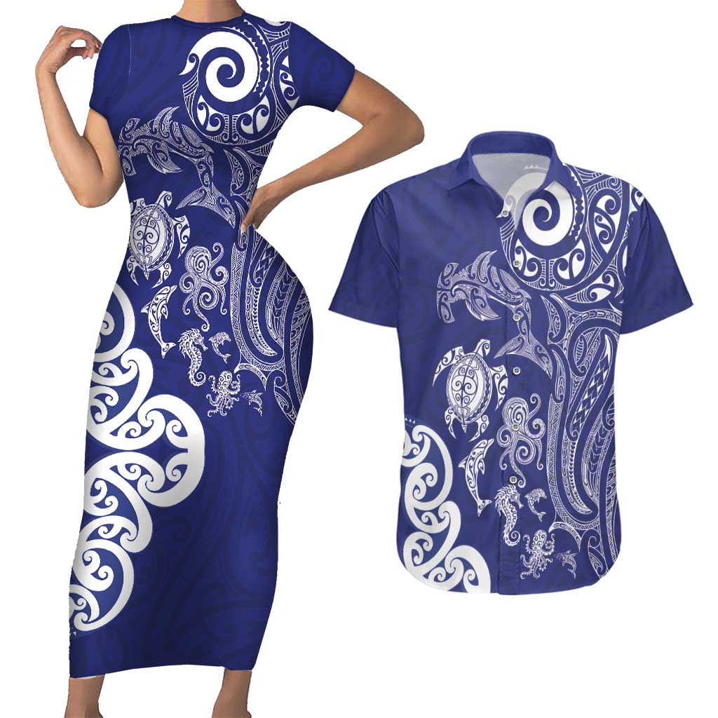 New Zealand Sea Animals with Maori Tribal Tattoo Couples Matching Short Sleeve Bodycon Dress and Hawaiian Shirt Blue Color LT03 Blue - Polynesian Pride