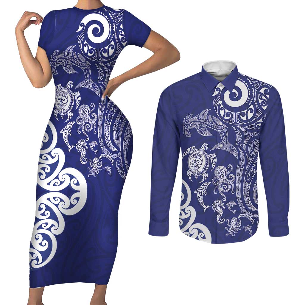 New Zealand Sea Animals with Maori Tribal Tattoo Couples Matching Short Sleeve Bodycon Dress and Long Sleeve Button Shirt Blue Color LT03 Blue - Polynesian Pride