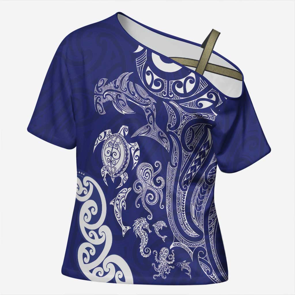 New Zealand Sea Animals with Maori Tribal Tattoo Cross Shoulder Shirt Blue Color LT03 Female Blue - Polynesian Pride