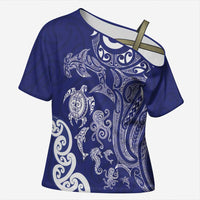 New Zealand Sea Animals with Maori Tribal Tattoo Cross Shoulder Shirt Blue Color LT03 Female Blue - Polynesian Pride