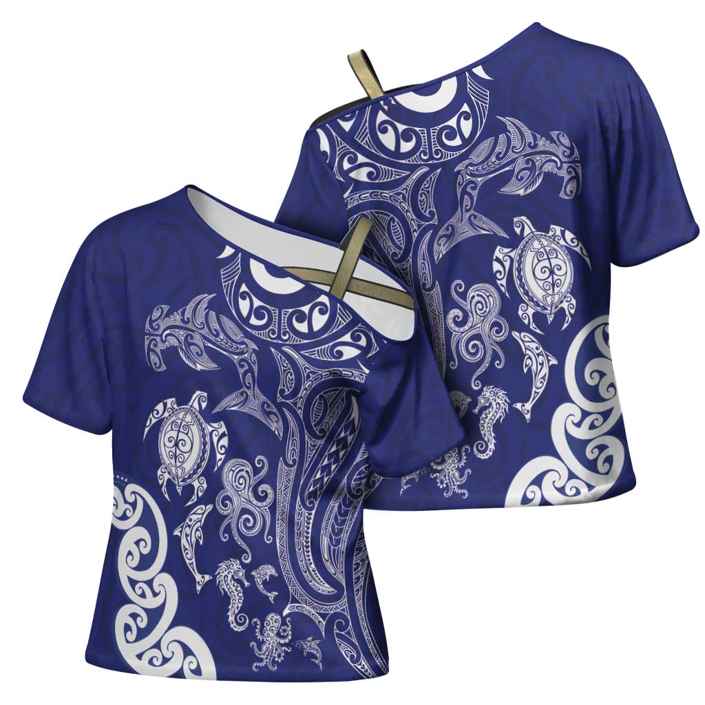New Zealand Sea Animals with Maori Tribal Tattoo Cross Shoulder Shirt Blue Color LT03 - Polynesian Pride