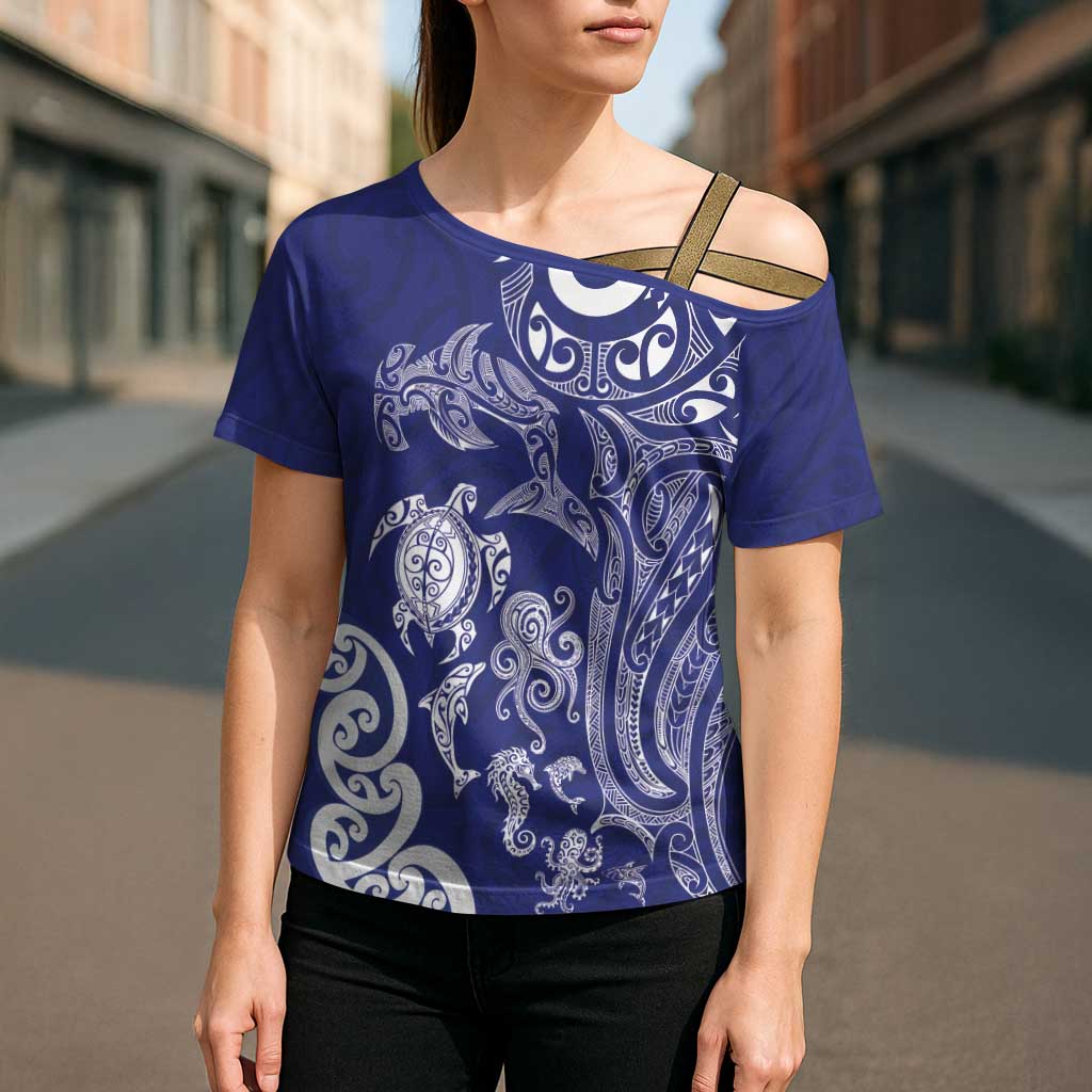 New Zealand Sea Animals with Maori Tribal Tattoo Cross Shoulder Shirt Blue Color LT03 - Polynesian Pride