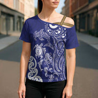 New Zealand Sea Animals with Maori Tribal Tattoo Cross Shoulder Shirt Blue Color LT03 - Polynesian Pride