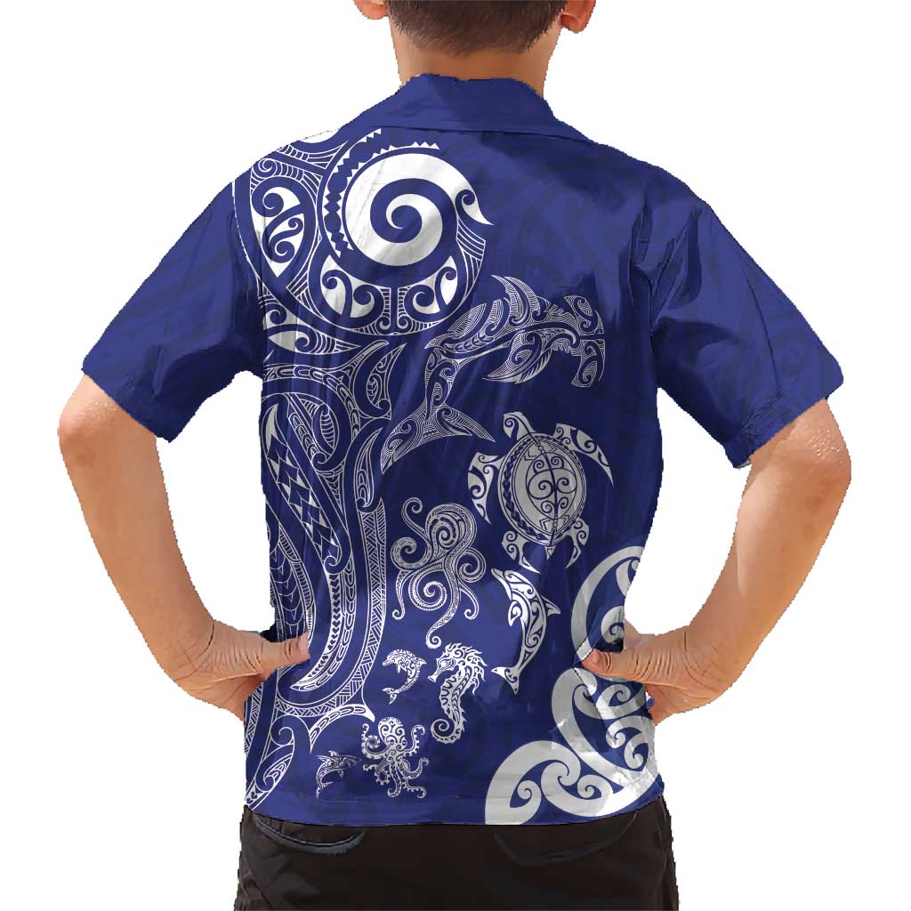 New Zealand Sea Animals with Maori Tribal Tattoo Family Matching Long Sleeve Bodycon Dress and Hawaiian Shirt Blue Color LT03 - Polynesian Pride
