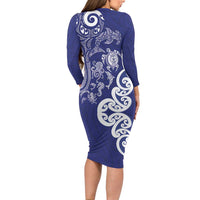New Zealand Sea Animals with Maori Tribal Tattoo Family Matching Long Sleeve Bodycon Dress and Hawaiian Shirt Blue Color LT03 - Polynesian Pride