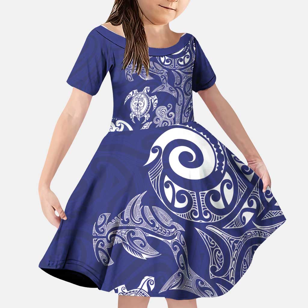 New Zealand Sea Animals with Maori Tribal Tattoo Family Matching Mermaid Dress and Hawaiian Shirt Blue Color LT03 Daughter's Dress Blue - Polynesian Pride