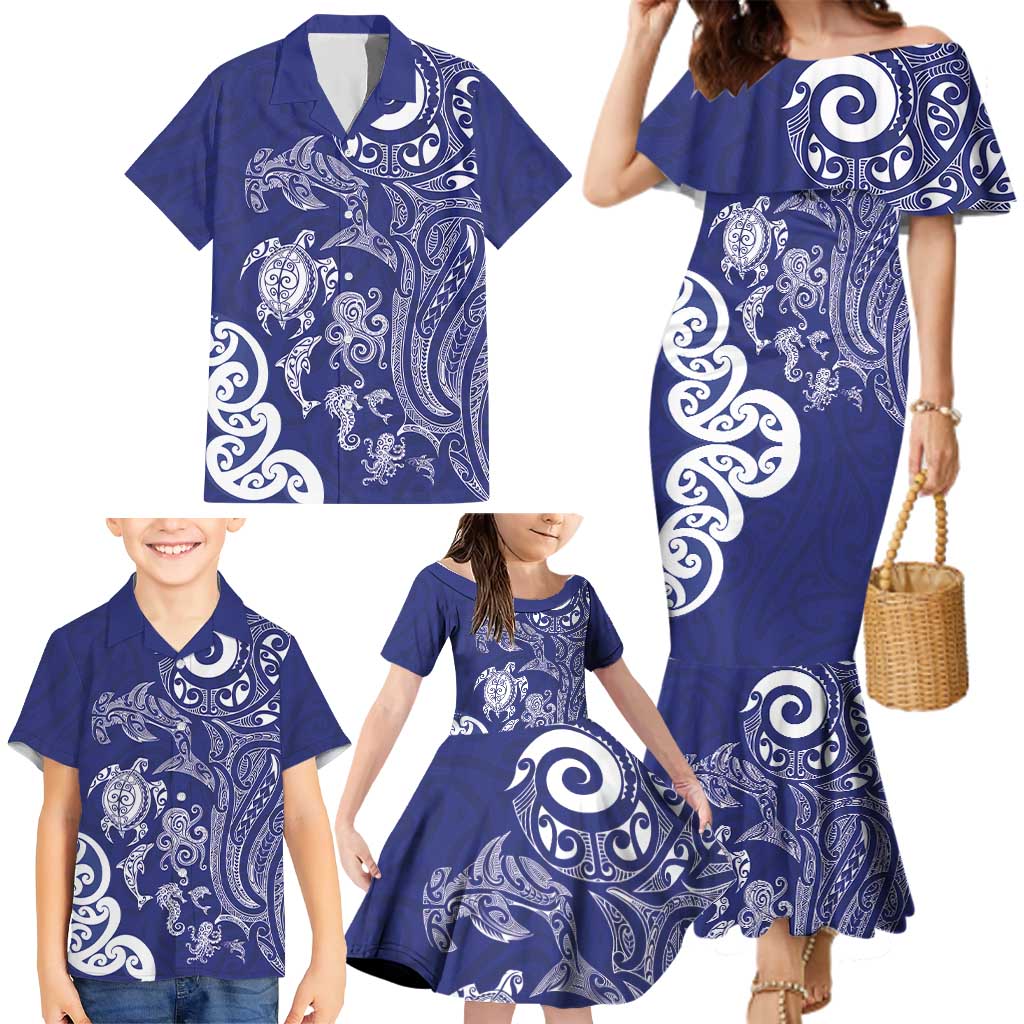 New Zealand Sea Animals with Maori Tribal Tattoo Family Matching Mermaid Dress and Hawaiian Shirt Blue Color LT03 - Polynesian Pride