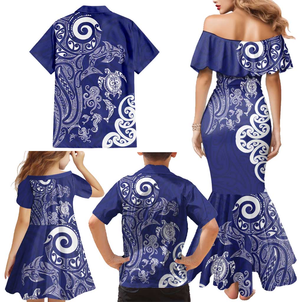 New Zealand Sea Animals with Maori Tribal Tattoo Family Matching Mermaid Dress and Hawaiian Shirt Blue Color LT03 - Polynesian Pride