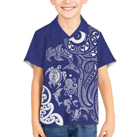 New Zealand Sea Animals with Maori Tribal Tattoo Family Matching Off Shoulder Maxi Dress and Hawaiian Shirt Blue Color LT03 Son's Shirt Blue - Polynesian Pride