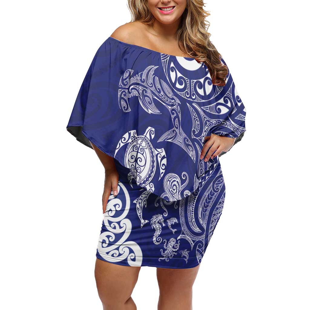 New Zealand Sea Animals with Maori Tribal Tattoo Family Matching Off Shoulder Short Dress and Hawaiian Shirt Blue Color LT03 Mom's Dress Blue - Polynesian Pride