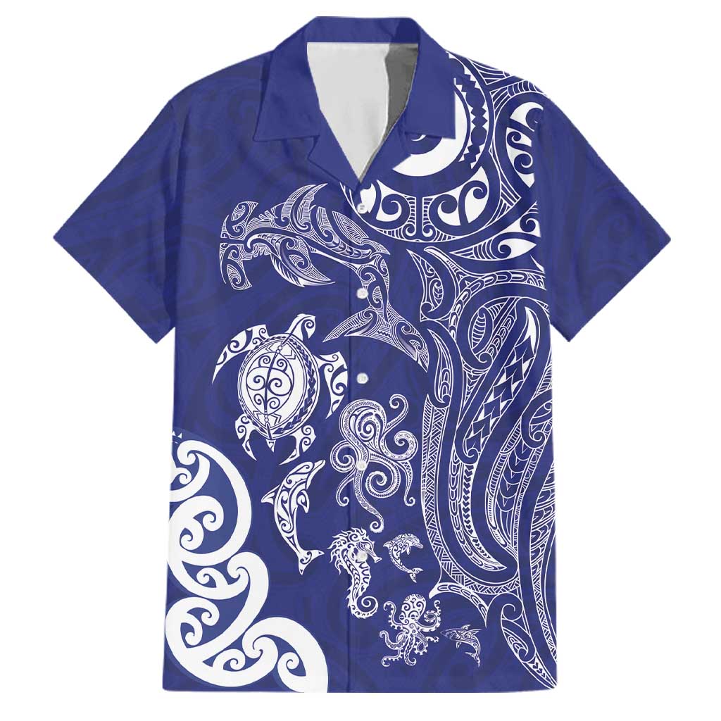 New Zealand Sea Animals with Maori Tribal Tattoo Family Matching Puletasi and Hawaiian Shirt Blue Color LT03 Dad's Shirt - Short Sleeve Blue - Polynesian Pride