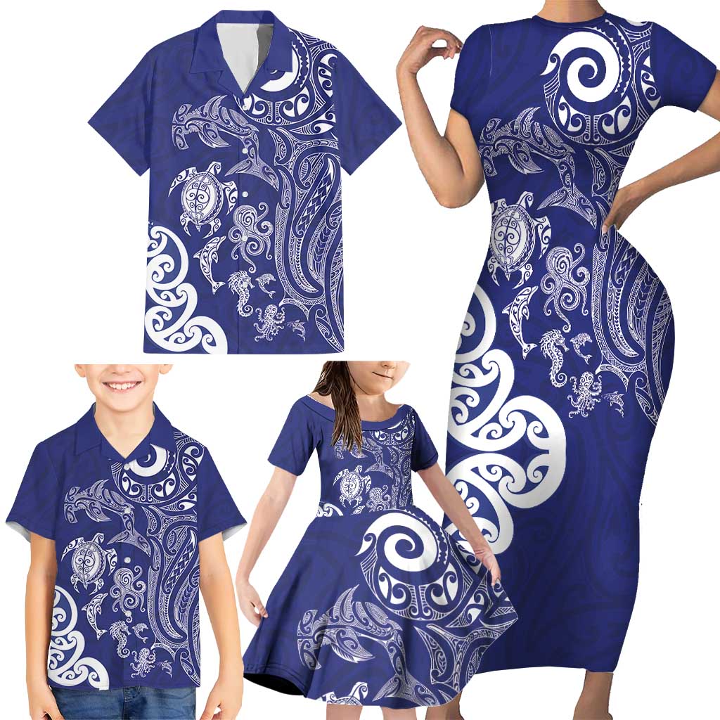 New Zealand Sea Animals with Maori Tribal Tattoo Family Matching Short Sleeve Bodycon Dress and Hawaiian Shirt Blue Color LT03 - Polynesian Pride