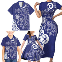 New Zealand Sea Animals with Maori Tribal Tattoo Family Matching Short Sleeve Bodycon Dress and Hawaiian Shirt Blue Color LT03 - Polynesian Pride