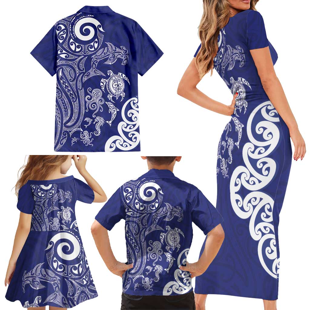 New Zealand Sea Animals with Maori Tribal Tattoo Family Matching Short Sleeve Bodycon Dress and Hawaiian Shirt Blue Color LT03 - Polynesian Pride