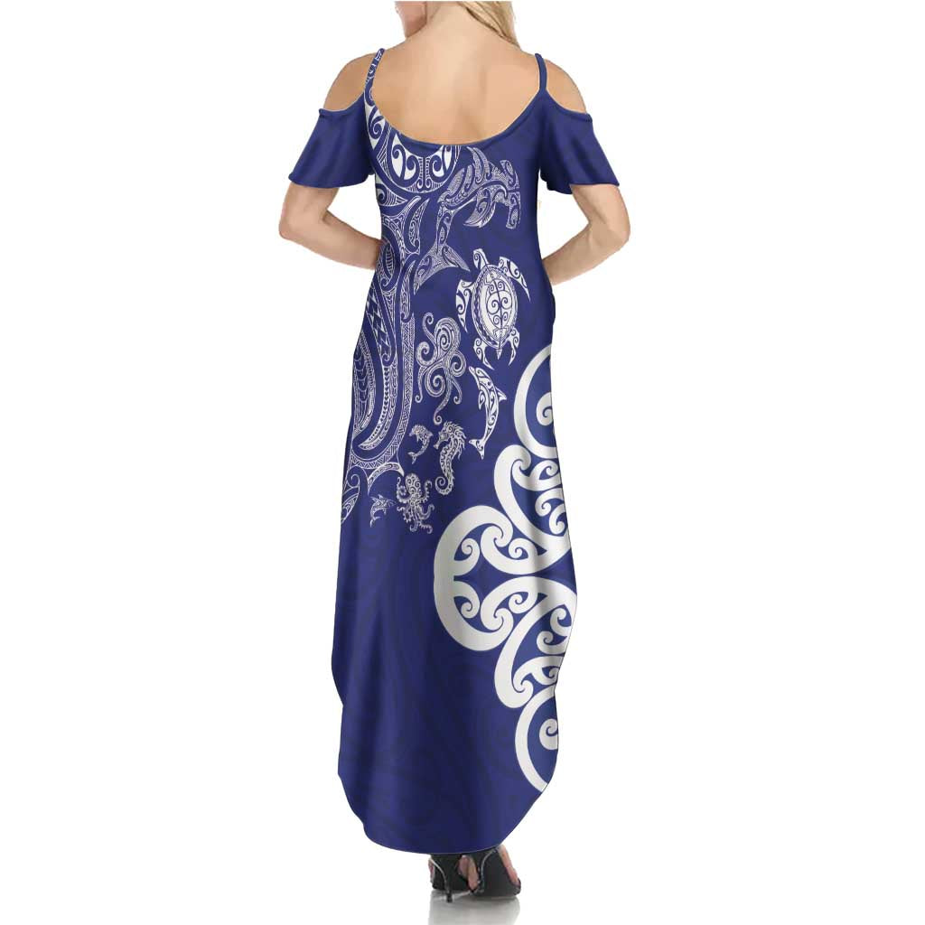 New Zealand Sea Animals with Maori Tribal Tattoo Family Matching Summer Maxi Dress and Hawaiian Shirt Blue Color LT03 - Polynesian Pride