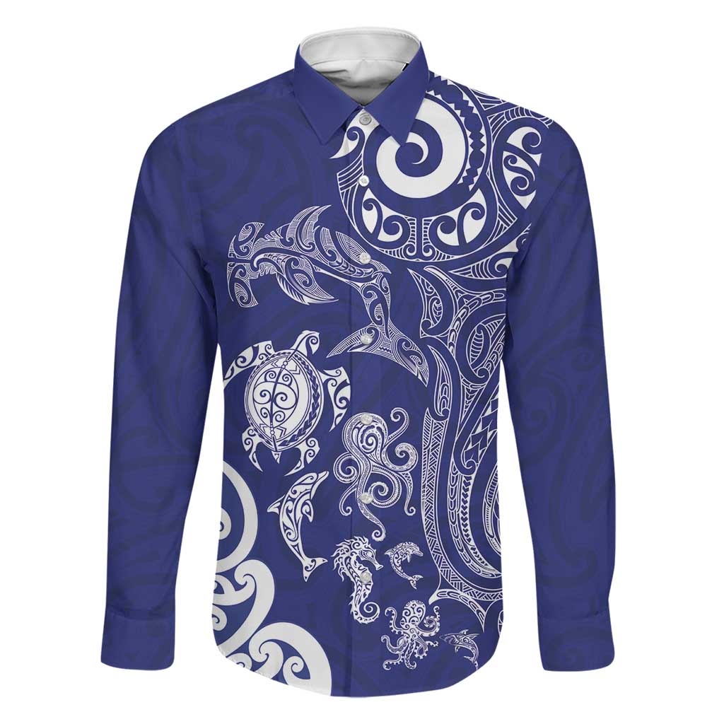 New Zealand Sea Animals with Maori Tribal Tattoo Family Matching Tank Maxi Dress and Hawaiian Shirt Blue Color LT03 Dad's Shirt - Long Sleeve Blue - Polynesian Pride
