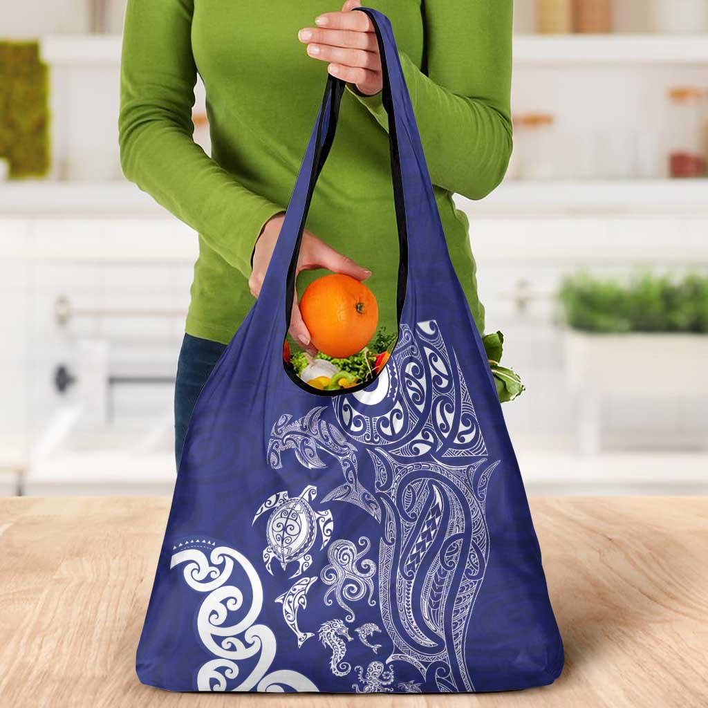 New Zealand Sea Animals with Maori Tribal Tattoo Grocery Bag Blue Color