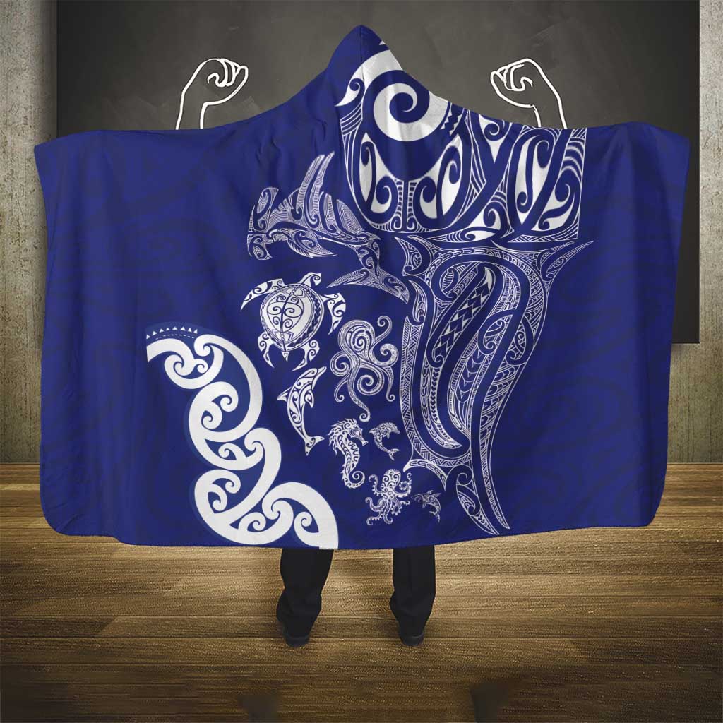 New Zealand Sea Animals with Maori Tribal Tattoo Hooded Blanket Blue Color LT03 - Polynesian Pride