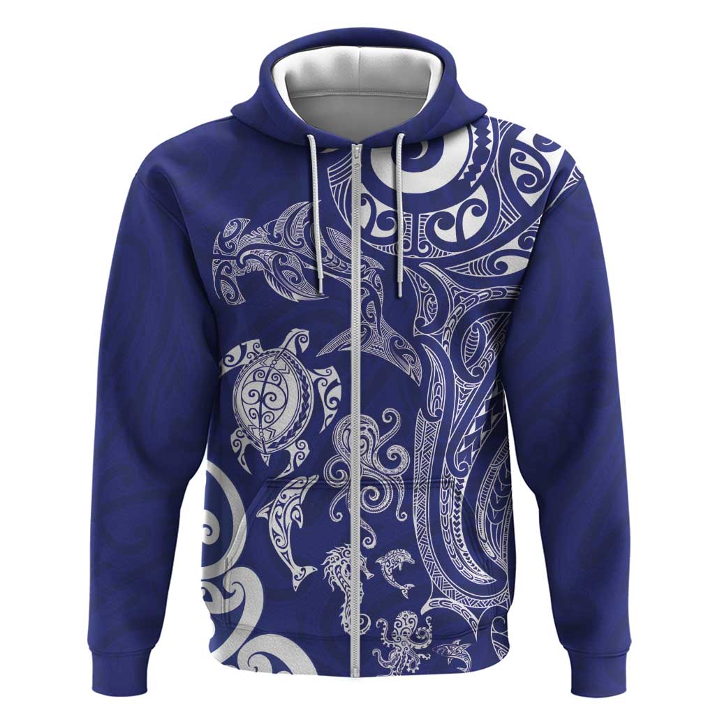New Zealand Sea Animals with Maori Tribal Tattoo Hoodie Blue Color LT03 Zip Hoodie Blue - Polynesian Pride