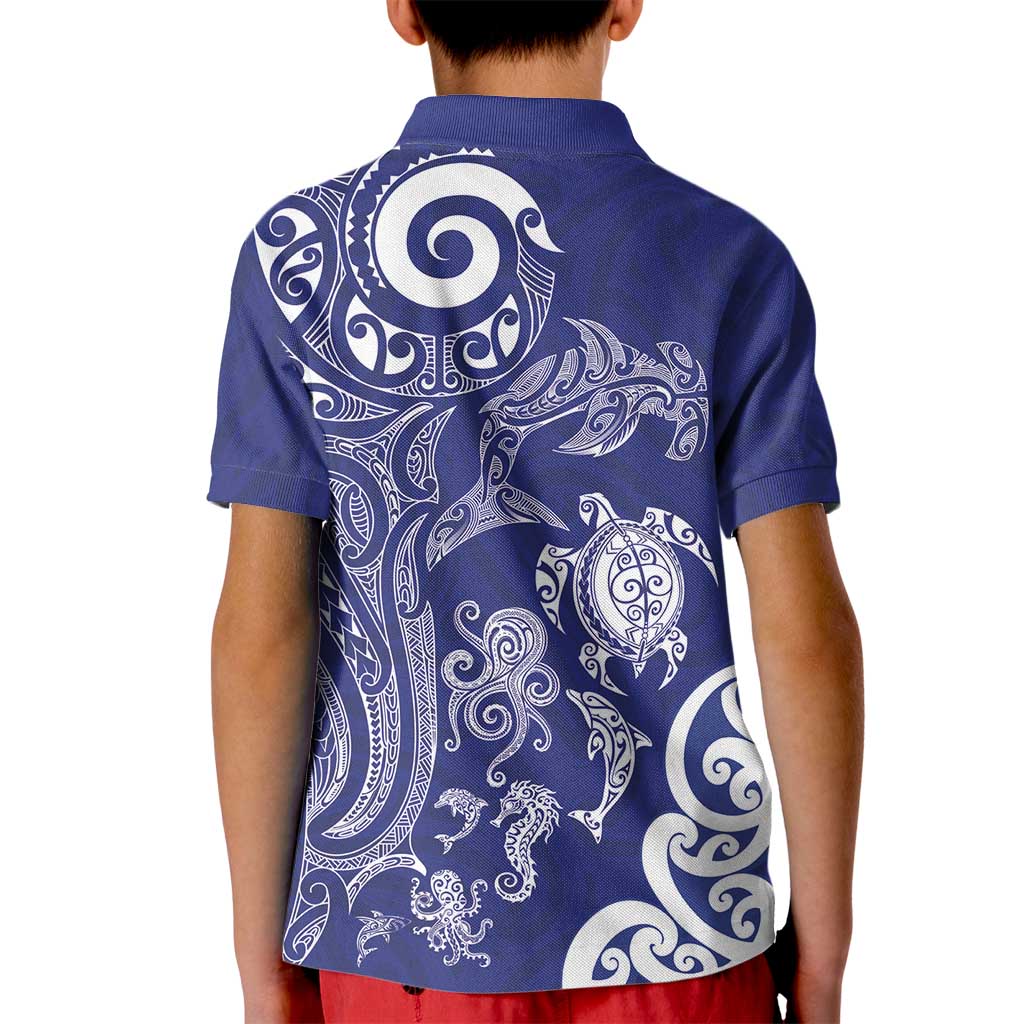 New Zealand Sea Animals with Maori Tribal Tattoo Kid Polo Shirt Blue Color LT03 - Polynesian Pride