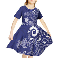 New Zealand Sea Animals with Maori Tribal Tattoo Kid Short Sleeve Dress Blue Color LT03 - Polynesian Pride