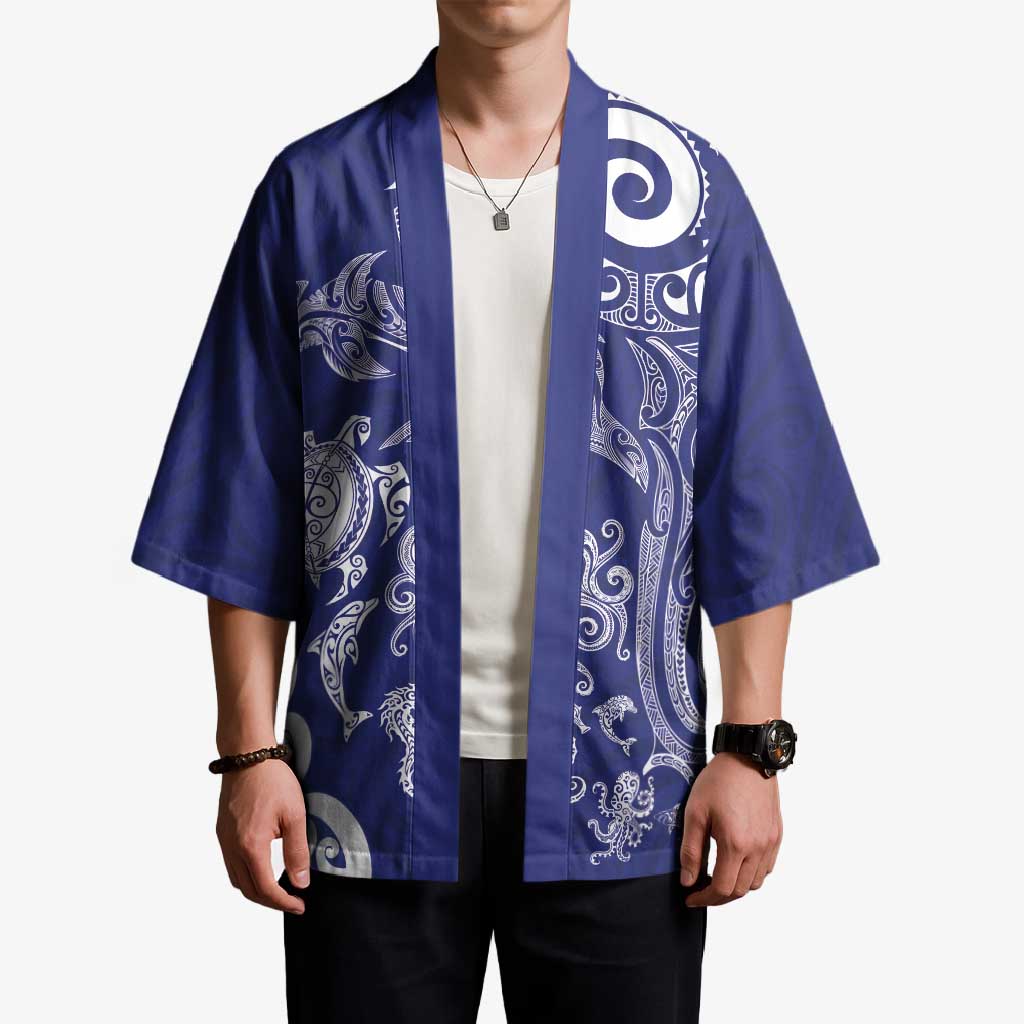 New Zealand Sea Animals with Maori Tribal Tattoo Kimono Blue Color