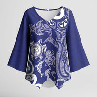 New Zealand Sea Animals with Maori Tribal Tattoo Kimono Sleeve Blouse Blue Color LT03 Female Blue - Polynesian Pride