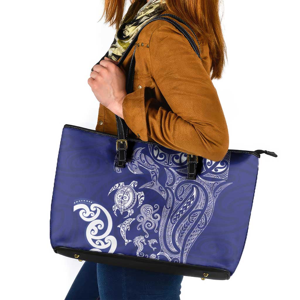 New Zealand Sea Animals with Maori Tribal Tattoo Leather Tote Bag Blue Color