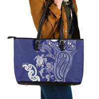 New Zealand Sea Animals with Maori Tribal Tattoo Leather Tote Bag Blue Color