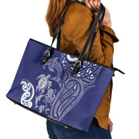 New Zealand Sea Animals with Maori Tribal Tattoo Leather Tote Bag Blue Color