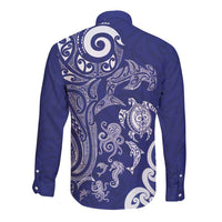 New Zealand Sea Animals with Maori Tribal Tattoo Long Sleeve Button Shirt Blue Color LT03 - Polynesian Pride