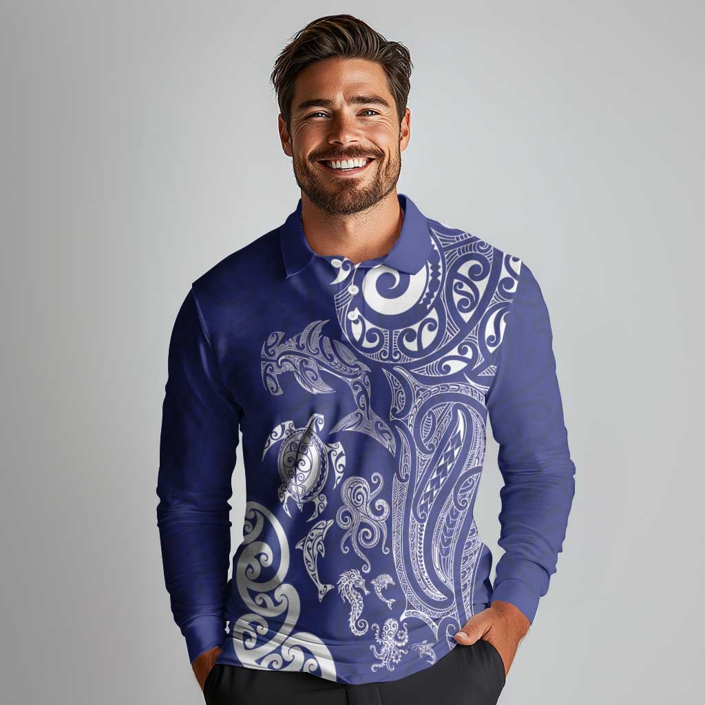 New Zealand Sea Animals with Maori Tribal Tattoo Long Sleeve Polo Shirt Blue Color LT03 - Polynesian Pride