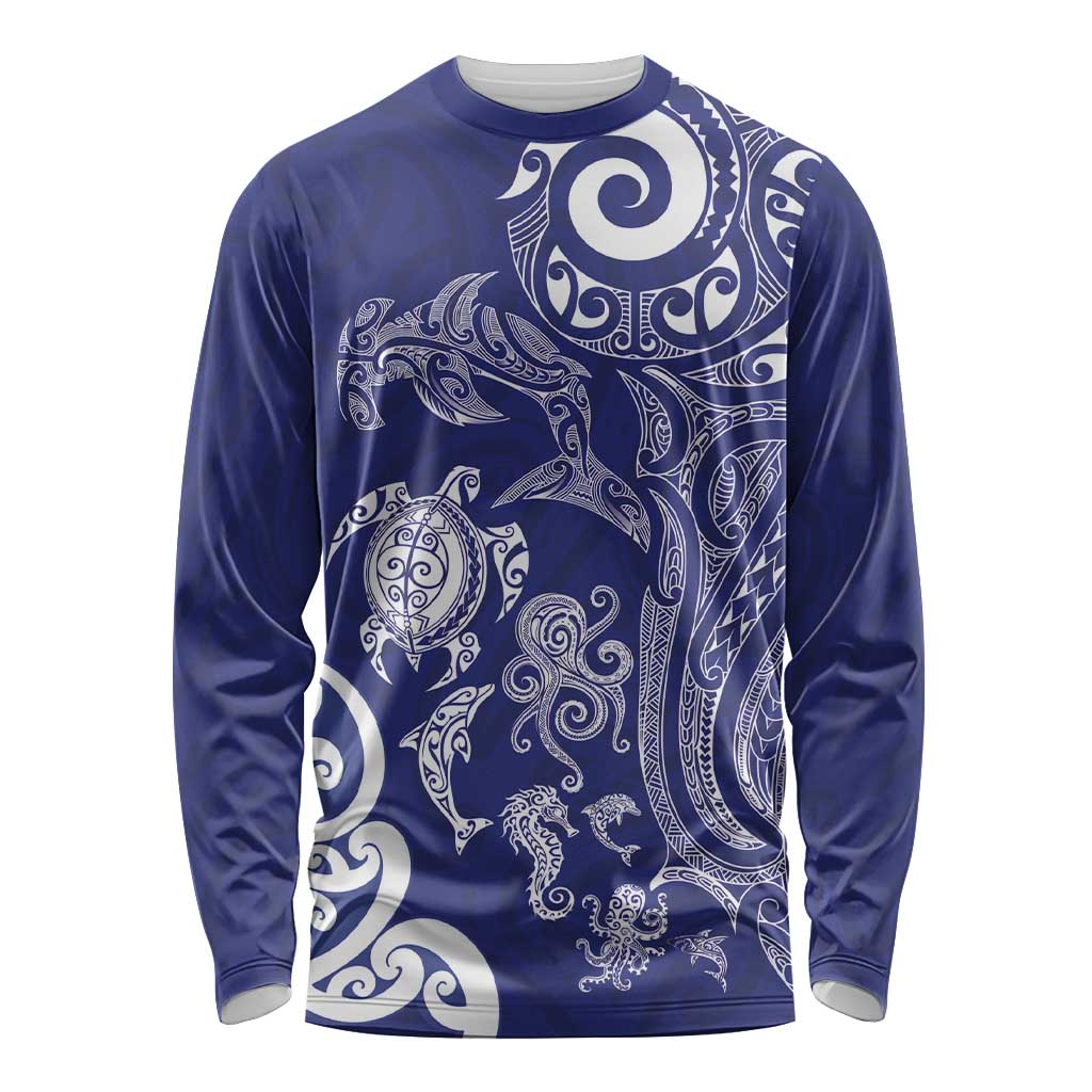 New Zealand Sea Animals with Maori Tribal Tattoo Long Sleeve Shirt Blue Color