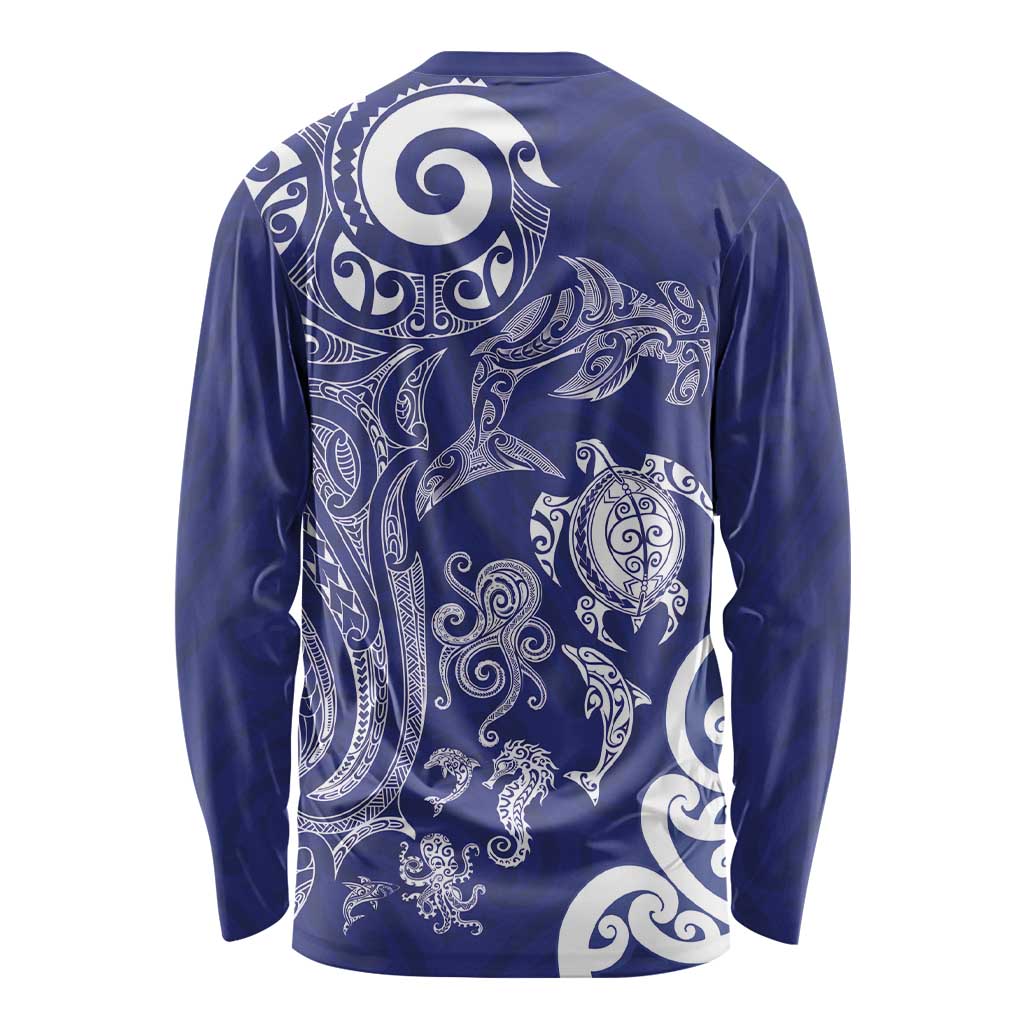 New Zealand Sea Animals with Maori Tribal Tattoo Long Sleeve Shirt Blue Color LT03 - Polynesian Pride