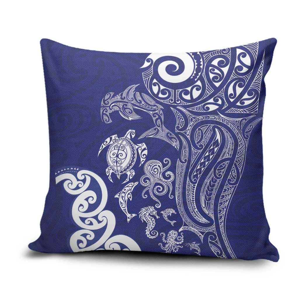 New Zealand Sea Animals with Maori Tribal Tattoo Pillow Cover Blue Color