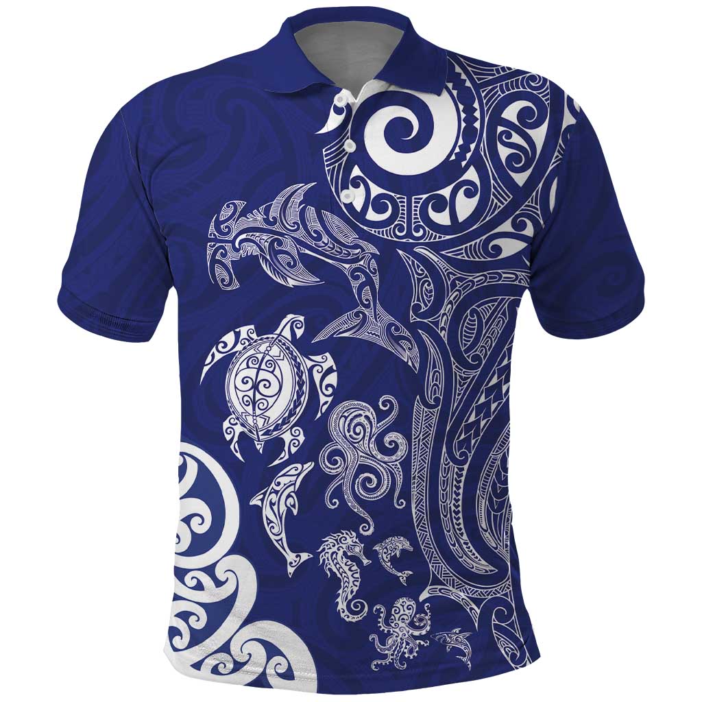 New Zealand Sea Animals with Maori Tribal Tattoo Polo Shirt Blue Color