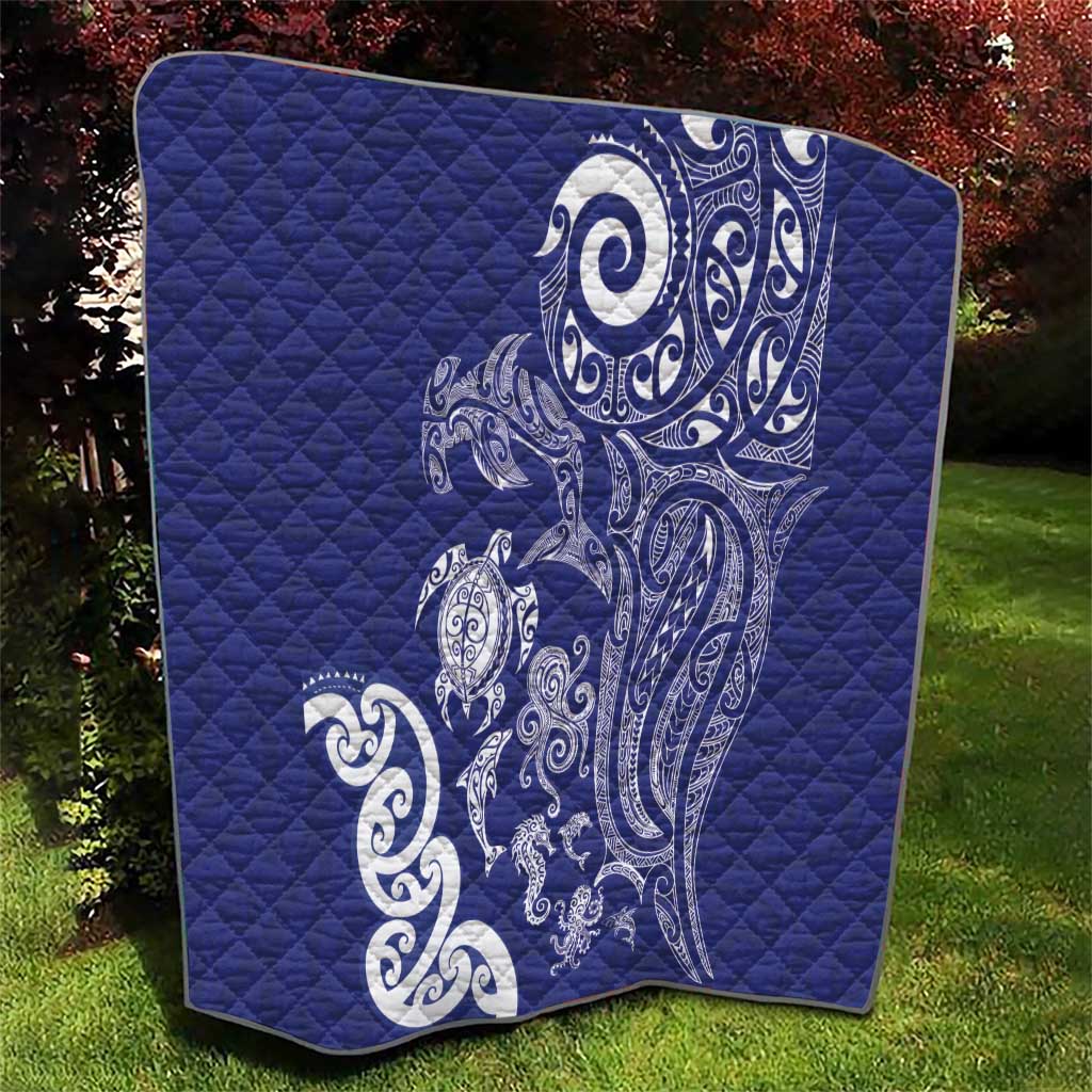 New Zealand Sea Animals with Maori Tribal Tattoo Quilt Blue Color