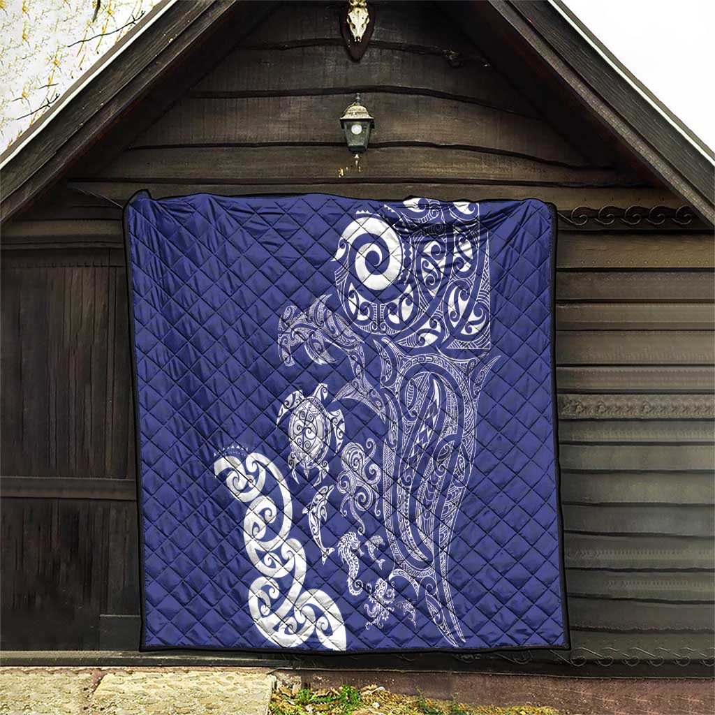 New Zealand Sea Animals with Maori Tribal Tattoo Quilt Blue Color