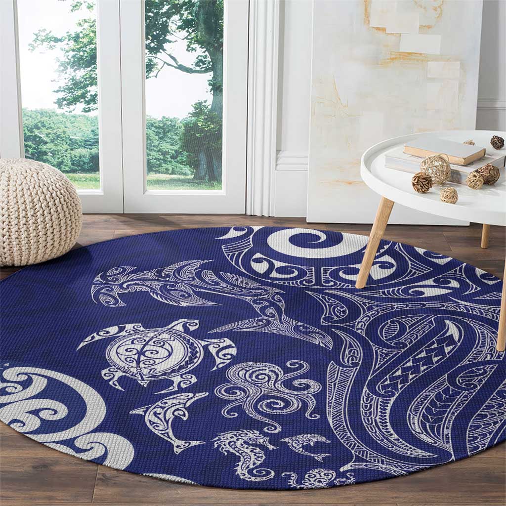 New Zealand Sea Animals with Maori Tribal Tattoo Round Carpet Blue Color