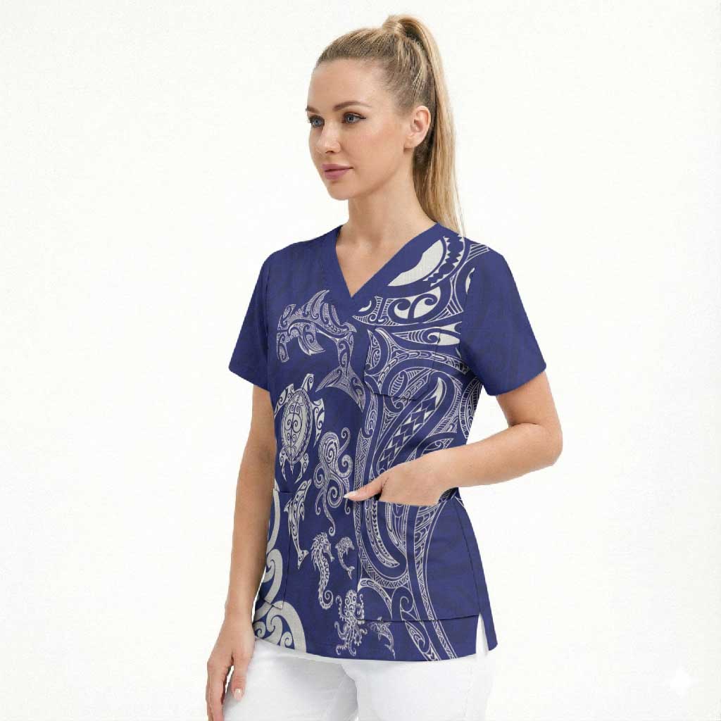 New Zealand Sea Animals with Maori Tribal Tattoo Scrub Top Blue Color